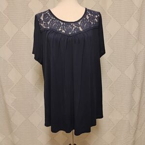 Ahlaray Navy Blue Lace Yoke Women's Top Rayon Blend Size 2X
